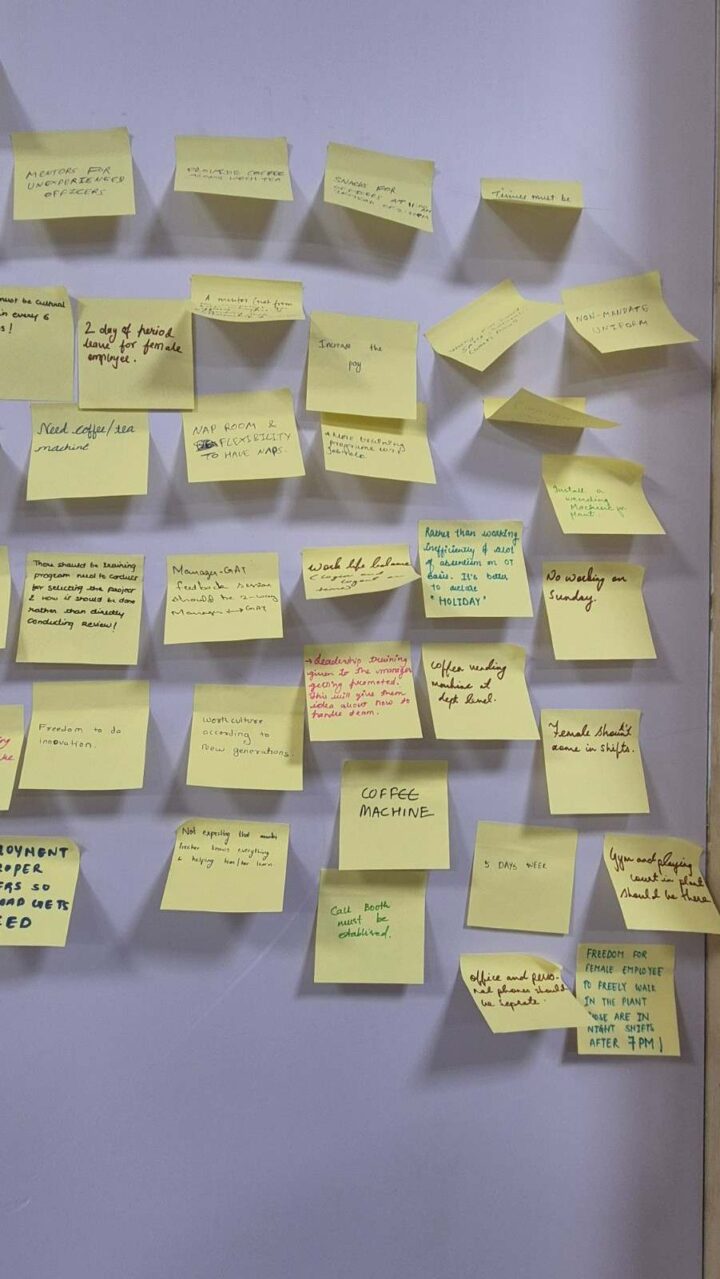 Sticky note wall filled with employee ideas and workplace suggestions